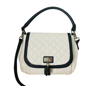 Liz Claiborne Cream Quilted Flap Satchel Bag Black Trim